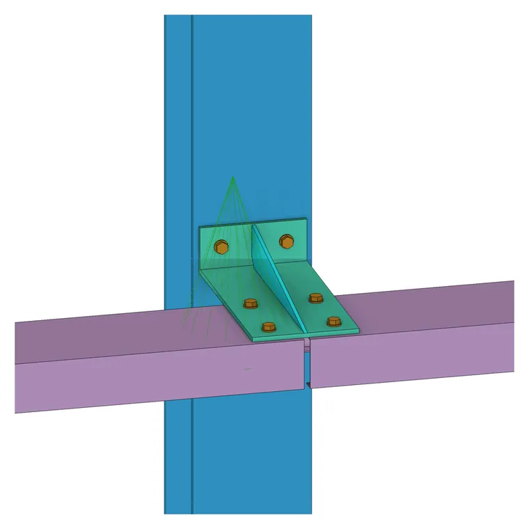 Unión pilar–correa: placa plegada angular con rigidizador y tornillos, modelada en Tekla Structures