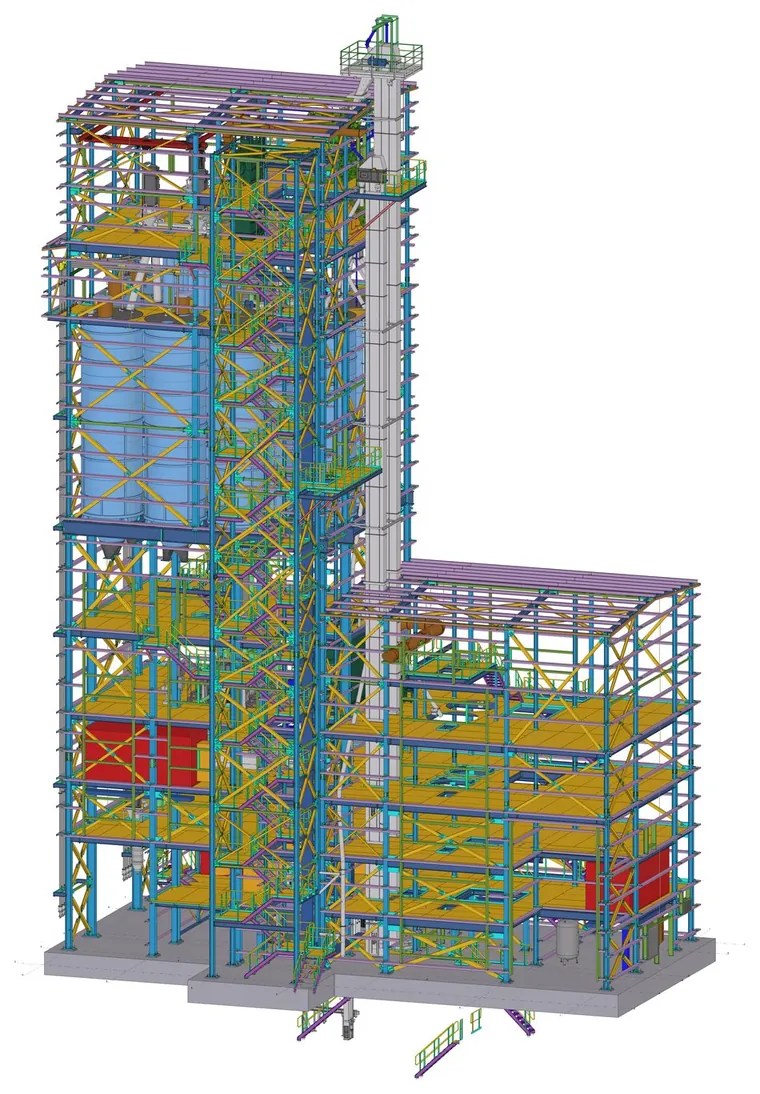 La planta con los equipos y silos interiores montados dentro de la estructura