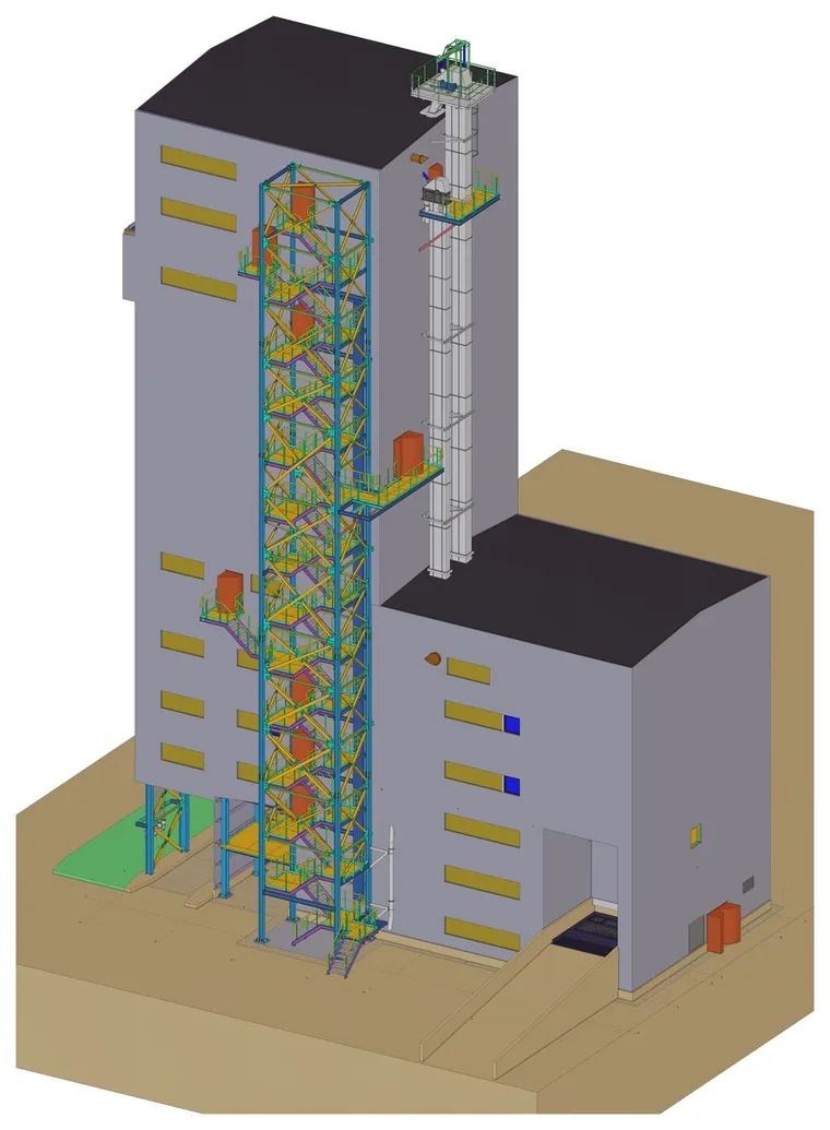 Render del edificio acabado, con sus cerramientos, la torre de elevación y el terreno