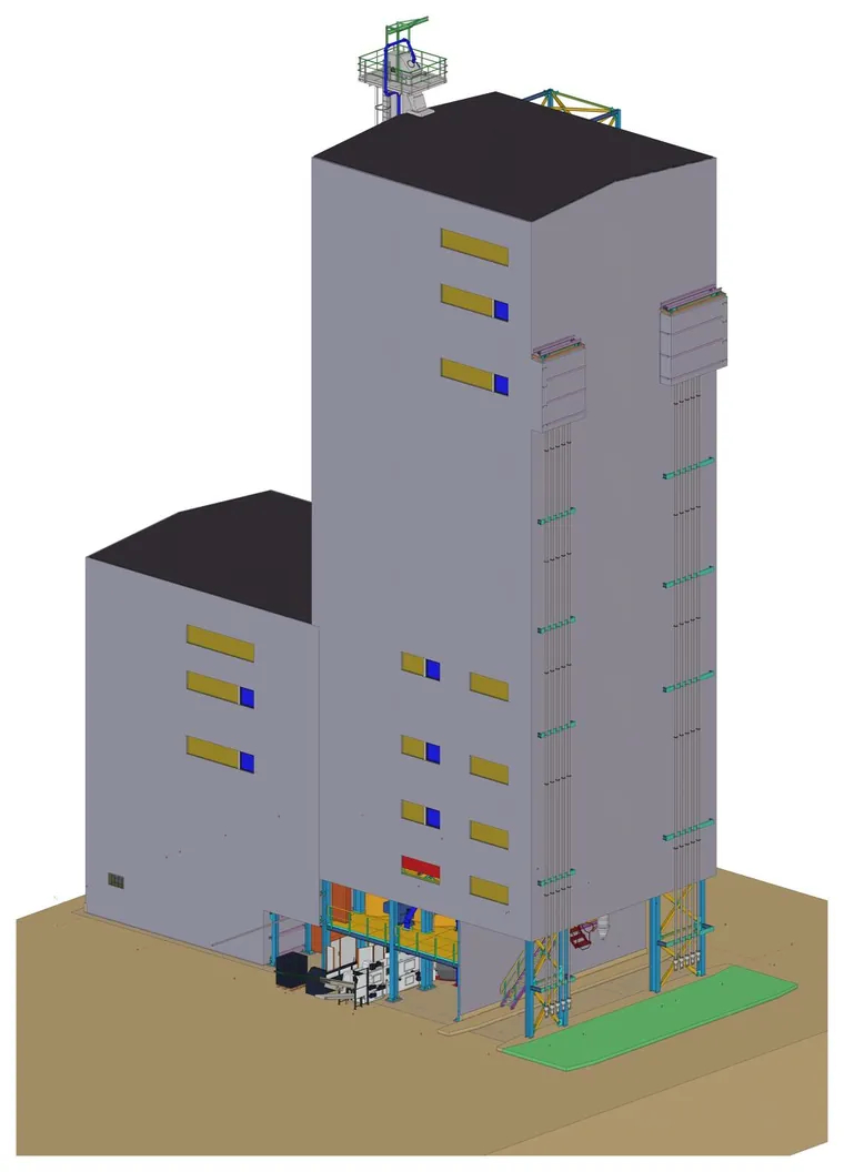 El edificio acabado desde el lado de carga, con el anexo, la torre de elevación y los equipos bajo la estructura