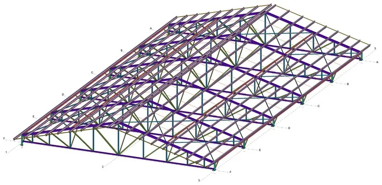 Modelo Tekla de la cubierta Castillejo: cerchas metálicas paralelas sobre pilares, con correas y arriostramiento de cubierta