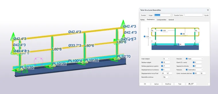 Barandilla acotada en Tekla mostrando los perfiles Ø42.4×3, Ø33.7×3, L60×6 y PL100×4, junto al diálogo de parámetros del componente