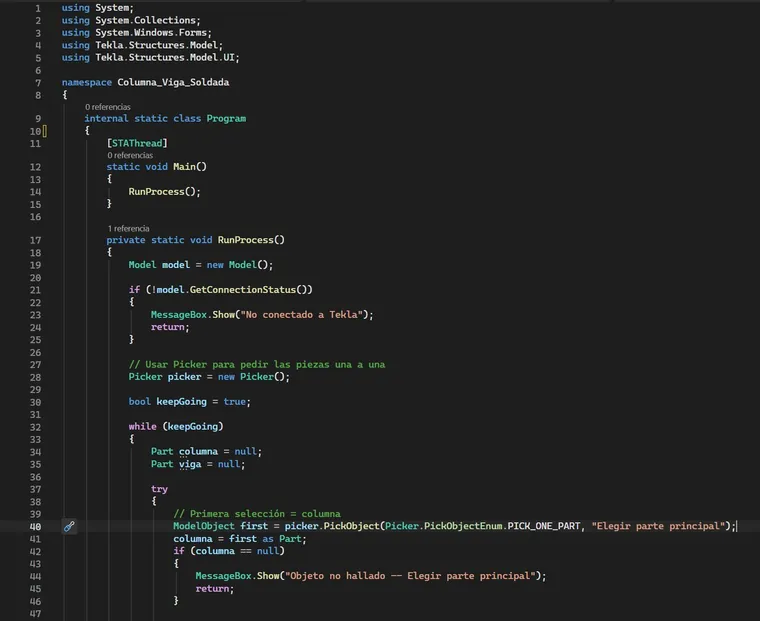 Código C# de una herramienta para Tekla Structures, con el Picker para seleccionar piezas del modelo