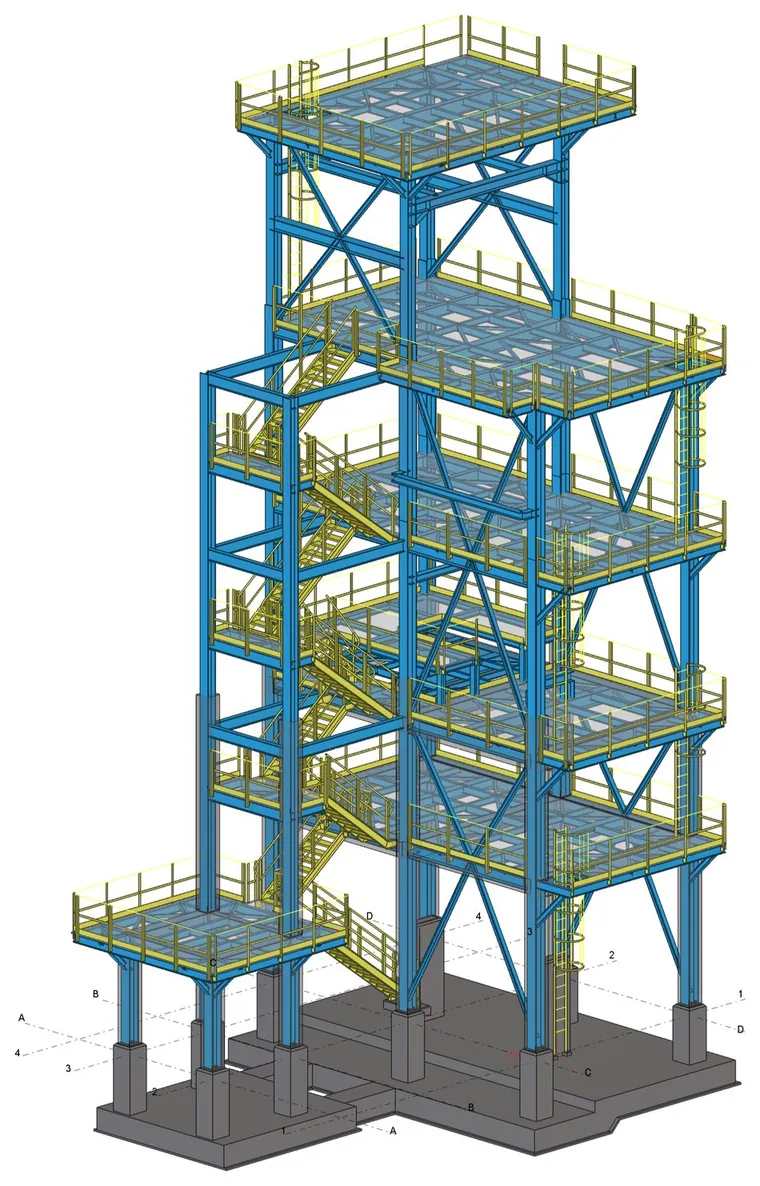 Modelo Tekla de la torre de proceso Galaxie Biojet: seis niveles de plataformas con escaleras, barandillas, arriostramientos y cimentación