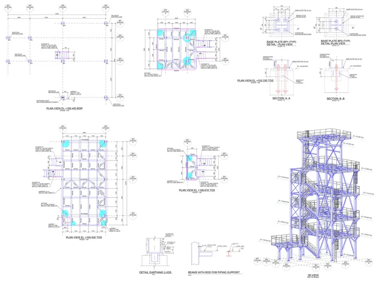 Planos de disposición de la torre: plantas por cotas, detalles de placas base, secciones y vista 3D del conjunto