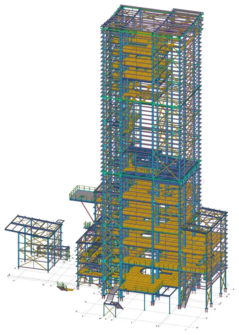 Modelo Tekla de la planta de mortero seco de Katowice: torre de proceso de gran altura con naves anexas