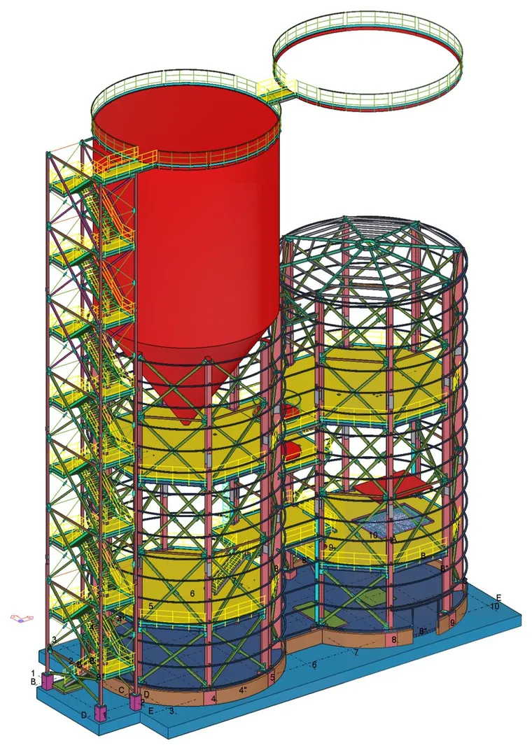 Modelo Tekla de los silos: dos silos cilíndricos sobre estructura de soporte arriostrada, con tolva, pasarela superior y torre de escaleras