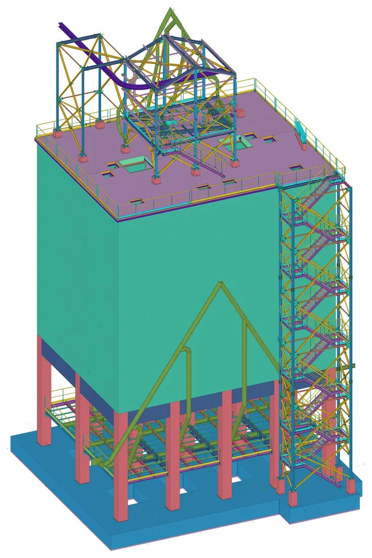 Modelo Tekla del silo de hormigón armado en Marruecos: cuerpo de hormigón sobre pilares, con estructura metálica en cubierta y torre de escaleras