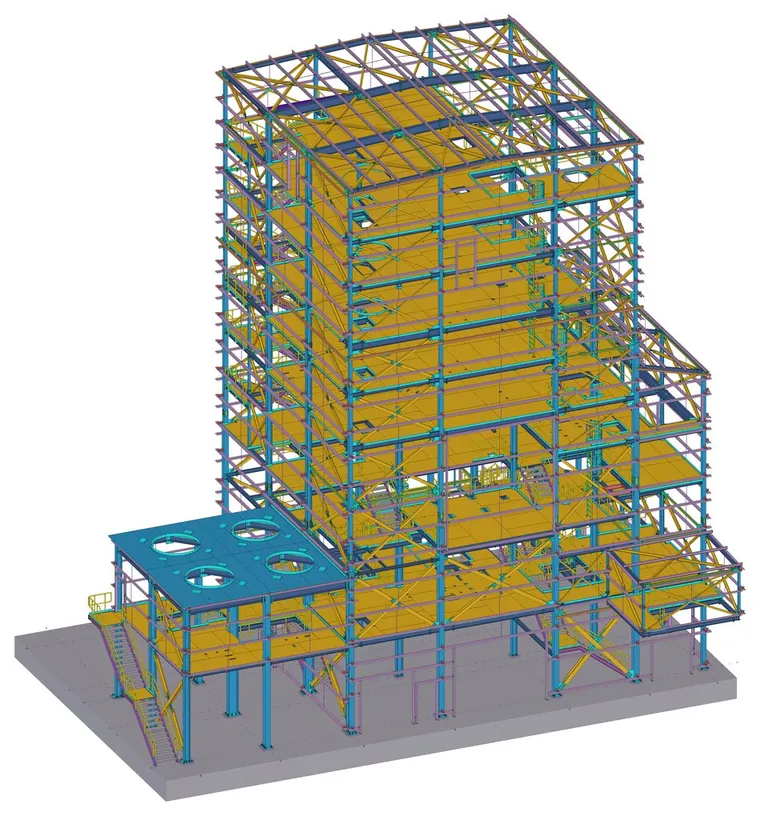 Modelo Tekla de una planta de pelletizado en Reino Unido: estructura de proceso de varias plantas con forjados, arriostramientos en cruz y escaleras