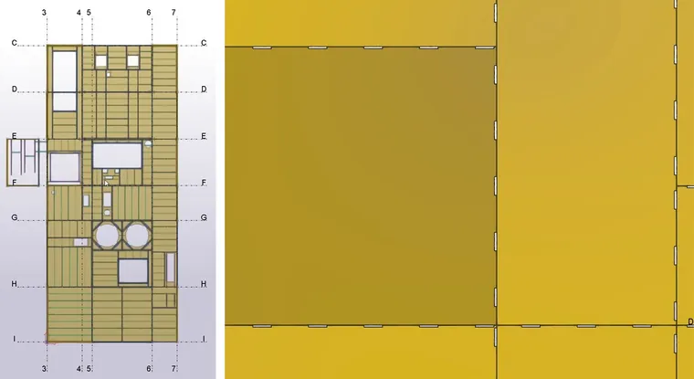 Planta de chapa lagrimada dividida en piezas de formato comercial en Tekla Structures, y detalle de las ranuras en las juntas